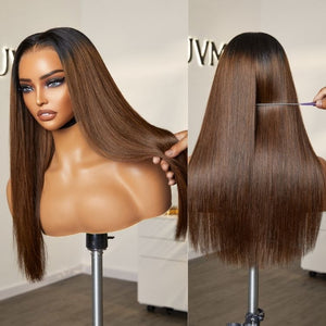 100% Human Hair HD Lace Super Natural Ombre Brown Silky Straight Long Wig - Wigtrends
