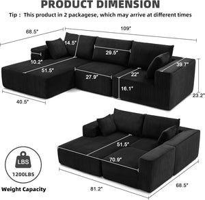 108 inch sectional sofa, cloud sectional sofa with deep seat, modern sectional L shaped sofa - Wigtrends