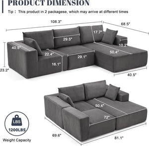 108 inch sectional sofa, cloud sectional sofa with deep seat, modern sectional L shaped sofa - Wigtrends