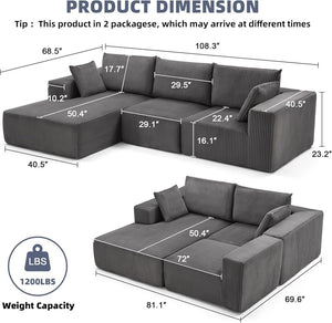 108 inch sectional sofa, cloud sectional sofa with deep seat, modern sectional L shaped sofa - Wigtrends