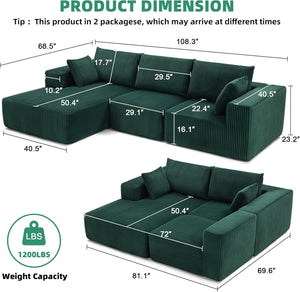 108 inch sectional sofa, cloud sectional sofa with deep seat, modern sectional L shaped sofa - Wigtrends