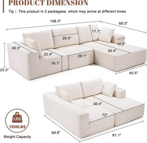 108 inch sectional sofa, cloud sectional sofa with deep seat, modern sectional L shaped sofa - Wigtrends
