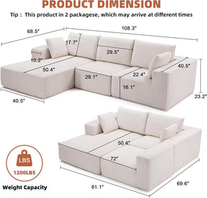 108 inch sectional sofa, cloud sectional sofa with deep seat, modern sectional L shaped sofa - Wigtrends