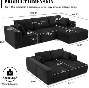 108 inch sectional sofa, cloud sectional sofa with deep seat, modern sectional L shaped sofa - Wigtrends