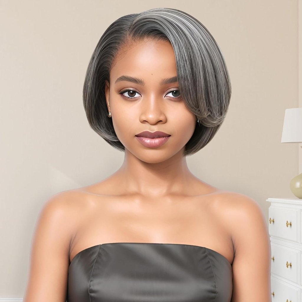 12" Glueless Wavy Bob Wigs Salt and Pepper Human Hair Wigs Pre Plucked Grey Wig - Wigtrends