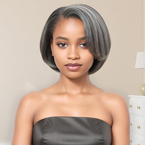 12" Glueless Wavy Bob Wigs Salt and Pepper Human Hair Wigs Pre Plucked Grey Wig - Wigtrends