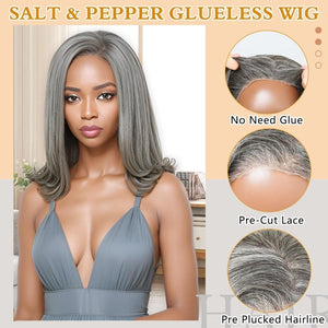 12" Glueless Wavy Bob Wigs Salt and Pepper Human Hair Wigs Pre Plucked Grey Wig - Wigtrends