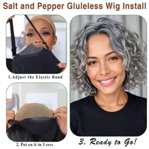 12" Glueless Wavy Bob Wigs Salt and Pepper Human Hair Wigs Pre Plucked Grey Wig - Wigtrends
