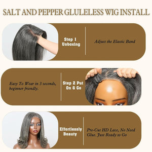 12" Glueless Wavy Bob Wigs Salt and Pepper Human Hair Wigs Pre Plucked Grey Wig - Wigtrends