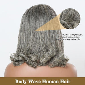12" Glueless Wavy Bob Wigs Salt and Pepper Human Hair Wigs Pre Plucked Grey Wig - Wigtrends