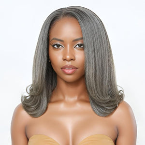 12" Glueless Wavy Bob Wigs Salt and Pepper Human Hair Wigs Pre Plucked Grey Wig - Wigtrends