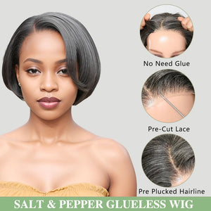 12" Glueless Wavy Bob Wigs Salt and Pepper Human Hair Wigs Pre Plucked Grey Wig - Wigtrends
