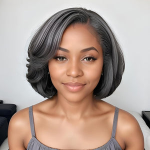 12" Glueless Wavy Bob Wigs Salt and Pepper Human Hair Wigs Pre Plucked Grey Wig - Wigtrends