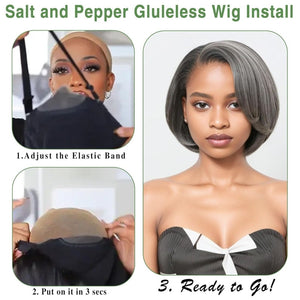 12" Glueless Wavy Bob Wigs Salt and Pepper Human Hair Wigs Pre Plucked Grey Wig - Wigtrends