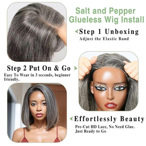 12" Glueless Wavy Bob Wigs Salt and Pepper Human Hair Wigs Pre Plucked Grey Wig - Wigtrends