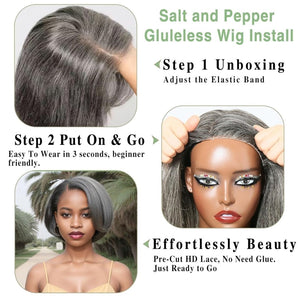 12" Glueless Wavy Bob Wigs Salt and Pepper Human Hair Wigs Pre Plucked Grey Wig - Wigtrends
