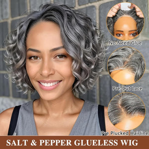 12" Glueless Wavy Bob Wigs Salt and Pepper Human Hair Wigs Pre Plucked Grey Wig - Wigtrends