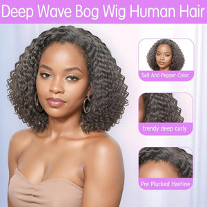 12" Glueless Wavy Bob Wigs Salt and Pepper Human Hair Wigs Pre Plucked Grey Wig - Wigtrends