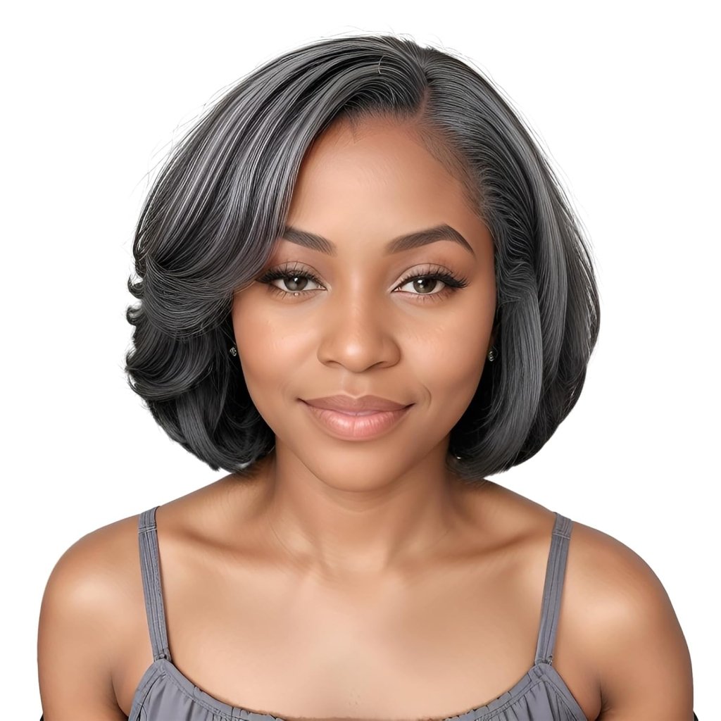 12" Glueless Wavy Bob Wigs Salt and Pepper Human Hair Wigs Pre Plucked Grey Wig - Wigtrends
