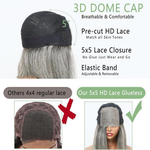 12" Glueless Wavy Bob Wigs Salt and Pepper Human Hair Wigs Pre Plucked Grey Wig - Wigtrends