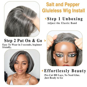 12" Glueless Wavy Bob Wigs Salt and Pepper Human Hair Wigs Pre Plucked Grey Wig - Wigtrends