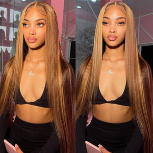 13x4 Lace Honey Blonde with Piano Highlights - Straight Colored Lace Front Human Hair Wig - Wigtrends