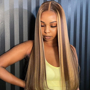 13x4 Lace Honey Blonde with Piano Highlights - Straight Colored Lace Front Human Hair Wig - Wigtrends