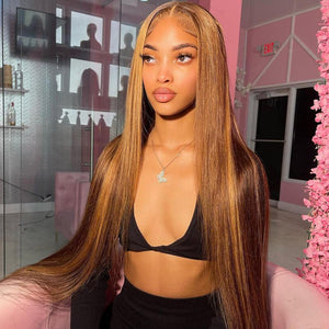 13x4 Lace Honey Blonde with Piano Highlights - Straight Colored Lace Front Human Hair Wig - Wigtrends