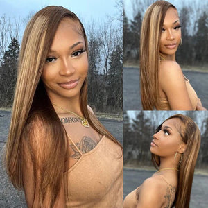 13x4 Lace Honey Blonde with Piano Highlights - Straight Colored Lace Front Human Hair Wig - Wigtrends