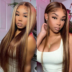13x4 Lace Honey Blonde with Piano Highlights - Straight Colored Lace Front Human Hair Wig - Wigtrends