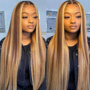13x4 Lace Honey Blonde with Piano Highlights - Straight Colored Lace Front Human Hair Wig - Wigtrends