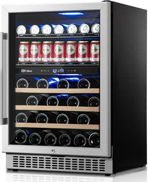 24 inch Dual Zone Beverage Refrigerator, 30 Bottles & 82 Cans Wine Fridge Built - in or Freestanding with Glass Door, Wine and Beverage Refrigerator Cooler for Kitchen Home Bar - Wigtrends
