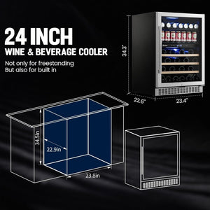 24 inch Dual Zone Beverage Refrigerator, 30 Bottles & 82 Cans Wine Fridge Built - in or Freestanding with Glass Door, Wine and Beverage Refrigerator Cooler for Kitchen Home Bar - Wigtrends