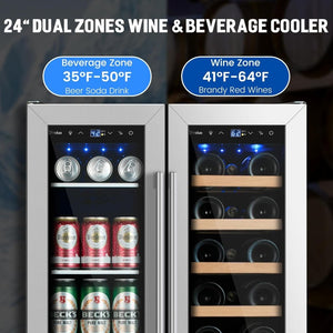 24 inch Dual Zone Beverage Refrigerator, 30 Bottles & 82 Cans Wine Fridge Built - in or Freestanding with Glass Door, Wine and Beverage Refrigerator Cooler for Kitchen Home Bar - Wigtrends