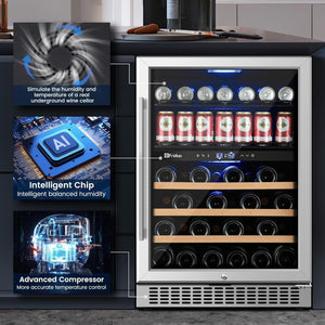 24 inch Dual Zone Beverage Refrigerator, 30 Bottles & 82 Cans Wine Fridge Built - in or Freestanding with Glass Door, Wine and Beverage Refrigerator Cooler for Kitchen Home Bar - Wigtrends