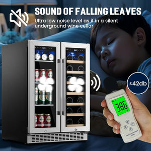 24 inch Dual Zone Beverage Refrigerator, 30 Bottles & 82 Cans Wine Fridge Built - in or Freestanding with Glass Door, Wine and Beverage Refrigerator Cooler for Kitchen Home Bar - Wigtrends