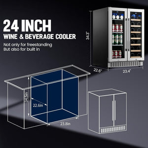 24 inch Dual Zone Beverage Refrigerator, 30 Bottles & 82 Cans Wine Fridge Built - in or Freestanding with Glass Door, Wine and Beverage Refrigerator Cooler for Kitchen Home Bar - Wigtrends