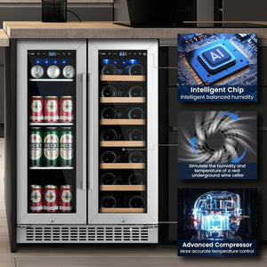 24 inch Dual Zone Beverage Refrigerator, 30 Bottles & 82 Cans Wine Fridge Built - in or Freestanding with Glass Door, Wine and Beverage Refrigerator Cooler for Kitchen Home Bar - Wigtrends