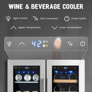 24 inch Dual Zone Beverage Refrigerator, 30 Bottles & 82 Cans Wine Fridge Built - in or Freestanding with Glass Door, Wine and Beverage Refrigerator Cooler for Kitchen Home Bar - Wigtrends
