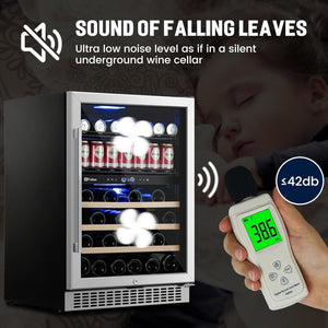 24 inch Dual Zone Beverage Refrigerator, 30 Bottles & 82 Cans Wine Fridge Built - in or Freestanding with Glass Door, Wine and Beverage Refrigerator Cooler for Kitchen Home Bar - Wigtrends