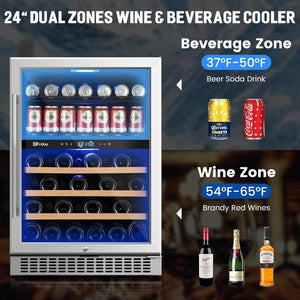 24 inch Dual Zone Beverage Refrigerator, 30 Bottles & 82 Cans Wine Fridge Built - in or Freestanding with Glass Door, Wine and Beverage Refrigerator Cooler for Kitchen Home Bar - Wigtrends