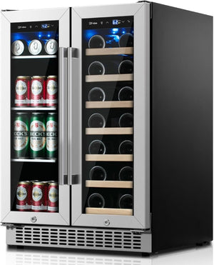 24 inch Dual Zone Beverage Refrigerator, 30 Bottles & 82 Cans Wine Fridge Built - in or Freestanding with Glass Door, Wine and Beverage Refrigerator Cooler for Kitchen Home Bar - Wigtrends