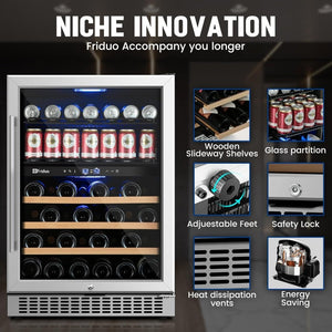 24 inch Dual Zone Beverage Refrigerator, 30 Bottles & 82 Cans Wine Fridge Built - in or Freestanding with Glass Door, Wine and Beverage Refrigerator Cooler for Kitchen Home Bar - Wigtrends