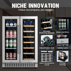 24 inch Dual Zone Beverage Refrigerator, 30 Bottles & 82 Cans Wine Fridge Built - in or Freestanding with Glass Door, Wine and Beverage Refrigerator Cooler for Kitchen Home Bar - Wigtrends
