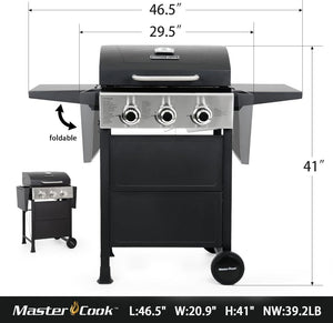 3 Burner BBQ Propane Gas Grill, Stainless Steel 30,000 BTU Patio Garden Barbecue Grill with Two Foldable Shelves - Wigtrends