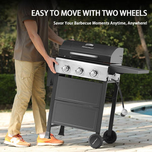 3 Burner BBQ Propane Gas Grill, Stainless Steel 30,000 BTU Patio Garden Barbecue Grill with Two Foldable Shelves - Wigtrends