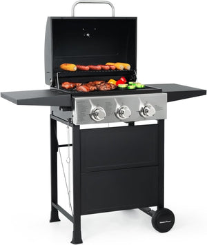 3 Burner BBQ Propane Gas Grill, Stainless Steel 30,000 BTU Patio Garden Barbecue Grill with Two Foldable Shelves - Wigtrends