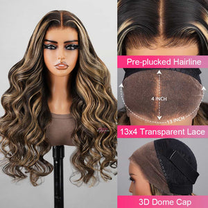 32inch Balayage Highlight Hair 13x4 Transparent Lace Front Human Hair Wigs Pre Plucked Honey Blonde Brown Wigs With Baby Hair - Wigtrends