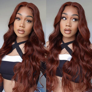 #33 Reddish Auburn Colored Body Wave Human Hair Wig 13x4 Lace Front Colored Wig - Wigtrends