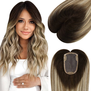 3*5inch Hair Topper Remy Human Hair Balayage Brown With Blonde Wigs Hair Piece - Wigtrends